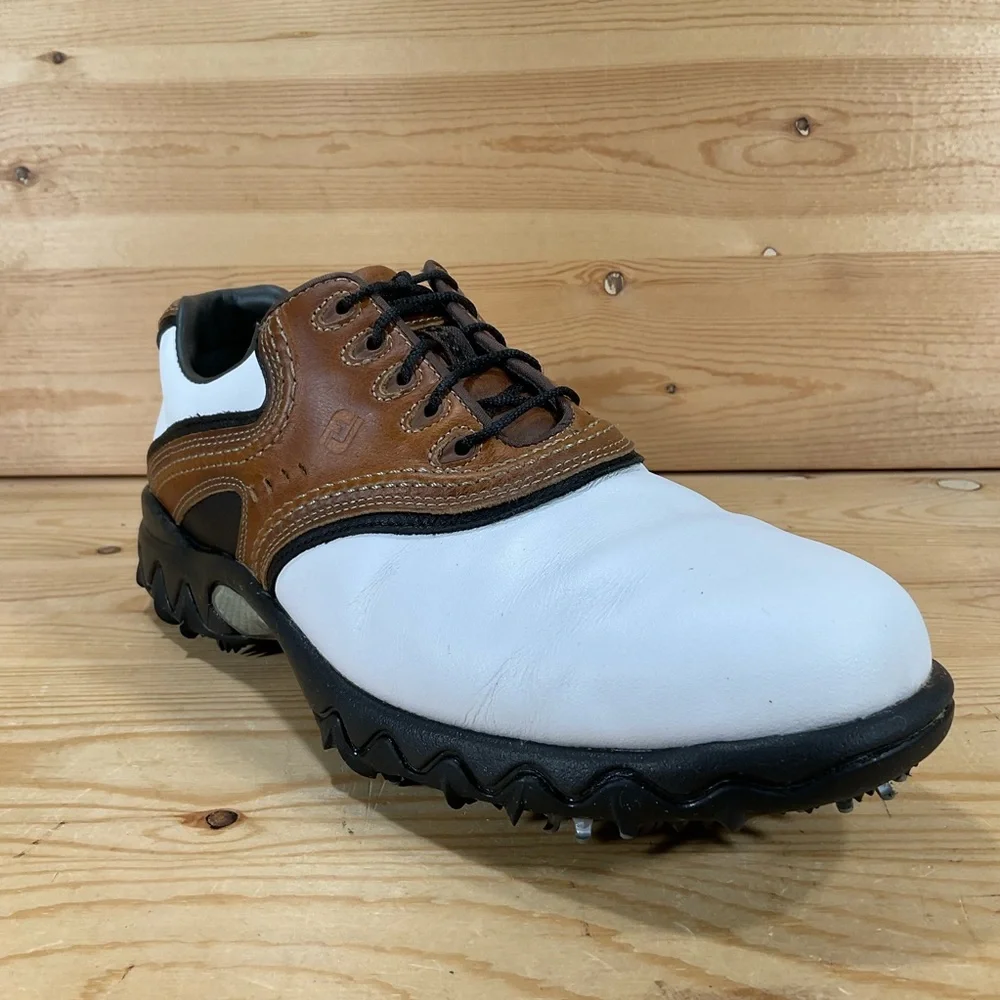 FootJoy Contour Series Saddle Golf Shoes
# 54024
Men’s 8.5 M
White Brown Black - Picture 1 of 9
